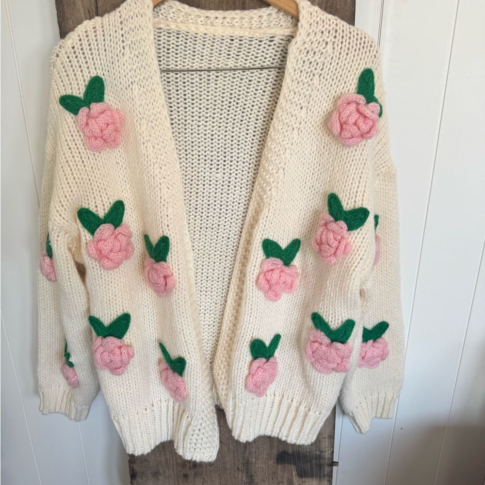 Cream Open Knit Floral Cardigan Pink Roses Boho – One Size NWOT
